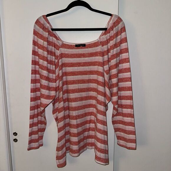 Lane Bryant Sweaters - Lane Bryant Womens Red Pink White Stripe Elastic Square Neck Long Sleeve Shirt